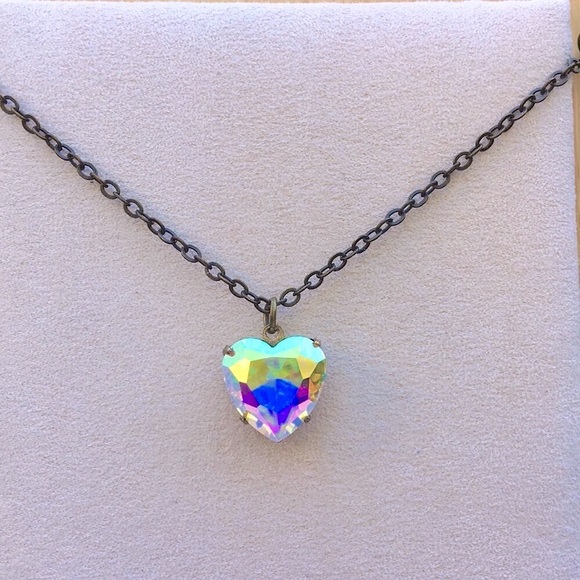 Aurora Borealis + Antique Brass Crystal Heart Drop Pendant Necklace - Picture 7 of 13